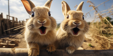 Cute and funny rabbits look into the camera lens. animal world. Generative AIの素材