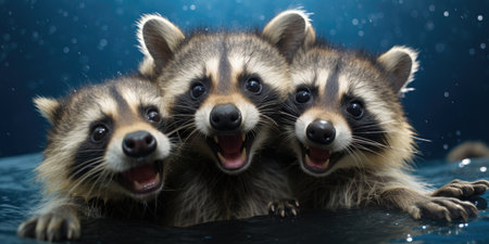 Cute and funny raccoons look into the camera lens. Generative AIの素材