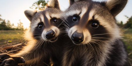 Cute raccoon carefully looks on from a sturdy tree branch. Generative AIの素材