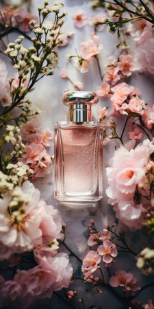 Glass bottle of perfume on a beautiful background. floral background. Generative AIの素材