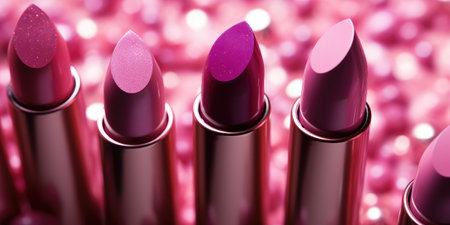 A lot of pink lipsticks on a blurred pink background. Generative AIの素材