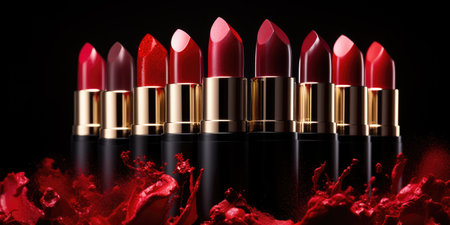 Red cosmetic lipstick, dark background close-up. Photo for advertising. Generative AIの素材