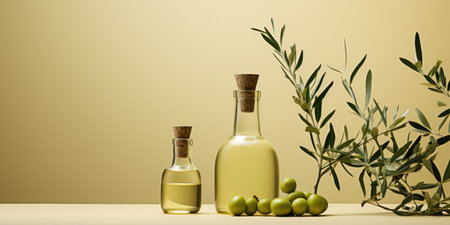 Olive oil in bottle on the table, green branches and olives, on a light background. Generative AIの素材