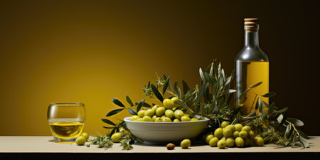 Olive oil on the table, with green branches and olives, on a dark background. Generative AIの素材