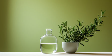 Cosmetic face oil on a light background with green leaves. Generative AIの素材