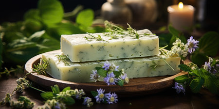 rustic handmade soap, natural herbs, beautiful green background. Generative AIの素材