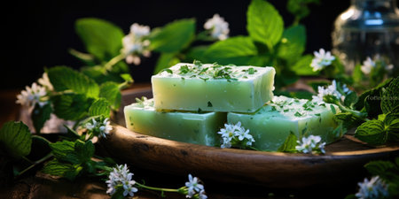 Handmade traditional soap, natural herbs and chamomile. floral background. Generative AIの素材