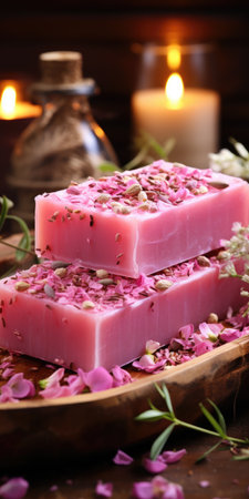 Pink handmade soap from flowers and roses, natural herbs, pink background.Generative AIの素材