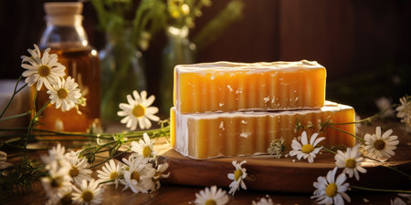 Natural handmade soap from flowers, chamomiles, natural herbs, floral background. Generative AIの素材