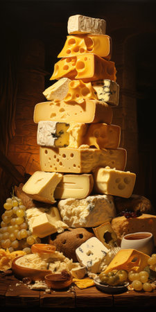 Big mountains of fresh yellow cheese. Lots of different cheeses. High quality photo. Generative AIの素材