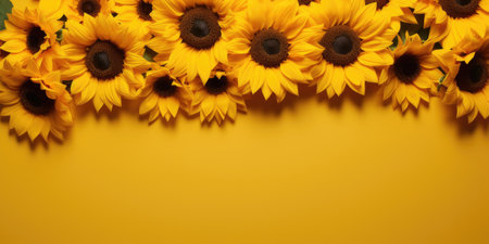 Sunflowers on a yellow background, space for text. harvest concept. Generative AIの素材
