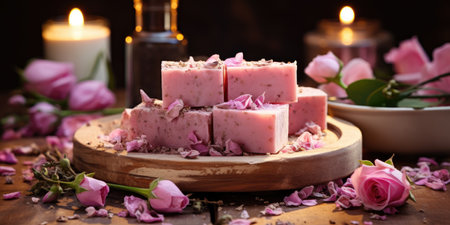 Pink handmade soap from flowers and roses, natural herbs, pink background.Generative AIの素材