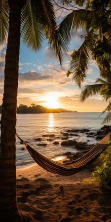Romantic photo of a hammock against the backdrop of a sunset on the ocean. Generative AIの素材