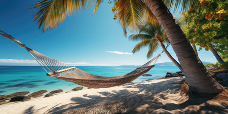 Romantic cozy hammock in the shadow of the palm on the tropical beach by the sea. Generative AIの素材