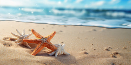 starfish on the sand against the backdrop of a wave. High quality photo. Generative AIの素材