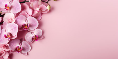 Pink orchids on a pink background, top view, space for text or your product. Generative AIの素材