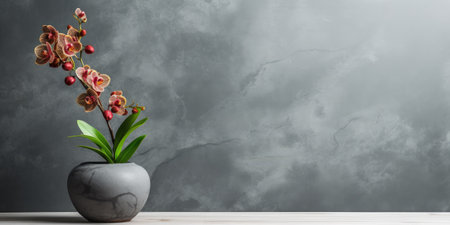 yellow orchid in a flower pot, space for text, marble background. High quality photo, Generative AIの素材