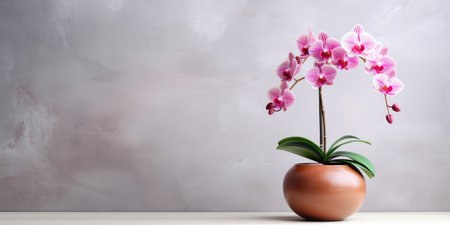 orchid in a flower pot on a light background, flowering branch, marble background. Generative AIの素材
