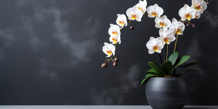 White orchid in a flower pot, flowering branch, marble background. Generative AIの素材