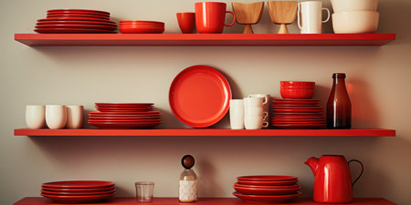 Design different red dishes on the shelf in the kitchen. High quality photo. Generative AIの素材