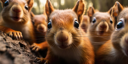 a lot of funny baby squirrels in the autumn forest. animal world. Generative AIの素材