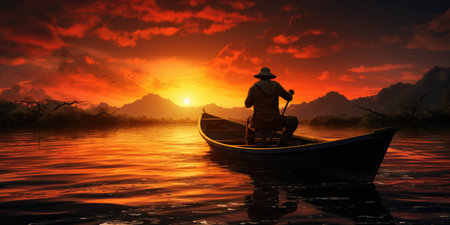 A man in a boat is fishing on the lake, sunset. The theme of fishing. Generative AIの素材