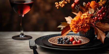 Autumn serving dish, theme Halloween autumn bouquet, plate and wine on the table. Generative AIの素材