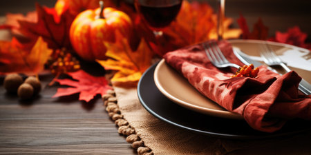 Autumn table setting, wine, Halloween theme autumn bouquet, place for text. Generative AIの素材