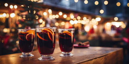 Mulled wine on wooden background, place for text or product, Christmas background. Generative AIの素材