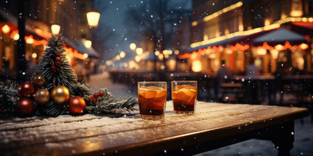 Mulled wine on wooden background, place for text or product, Christmas background. Generative AIの素材