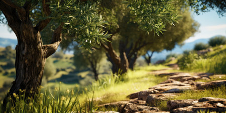 Olive Grove on the island of Greece. plantation of olive trees. High quality photo. Generative AIの素材