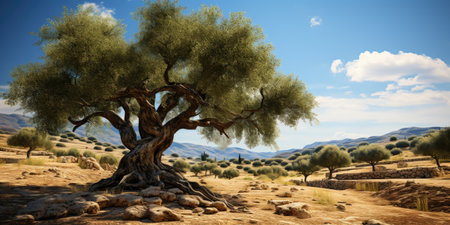 Olive Grove on the island of Greece. plantation of olive trees. High quality photo. Generative AIの素材