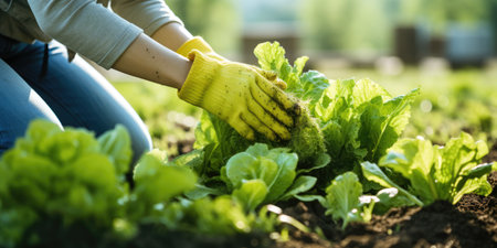 Farmer woman holding organic salad vegetables. modern technologies. Generative AIの素材