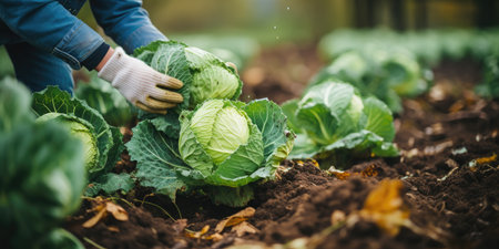 harvesting cabbage, green cabbage in hands. The concept of vegetarian food. Generative AIの素材
