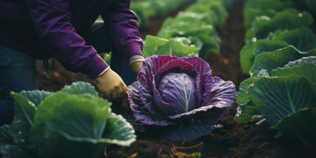 Fresh cabbage from a farmer's field, vegetarian food, green cabbage in the hands. Generative AIの素材