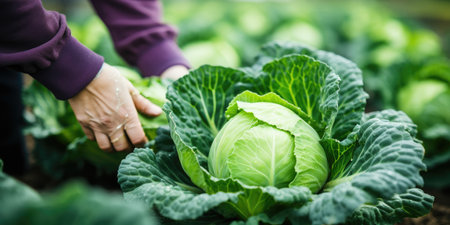 harvesting cabbage, green cabbage in hands. The concept of vegetarian food. Generative AIの素材