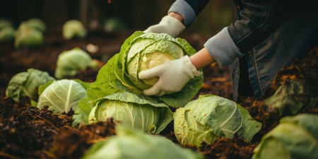 harvesting cabbage, green cabbage in hands. The concept of vegetarian food. Generative AIの素材