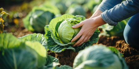 Fresh cabbage from a farmer's field, vegetarian food, green cabbage in the hands. Generative AIの素材
