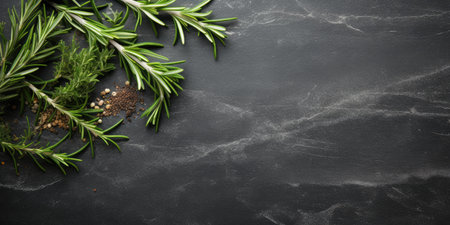 Food background with space for text. Razmarin, spices, garlic on a dark background. Generative AIの素材