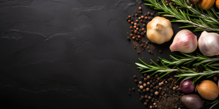Food background with space for text. Razmarin, spices, garlic on a dark background. Generative AIの素材