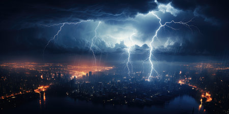 Lightning from a thundercloud at night. some lightning during a thunderstorm. Generative AIの素材