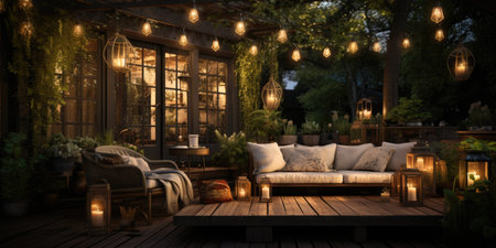 Close-up of outdoor garden furniture in the warm light of lanterns. Generative AIの素材