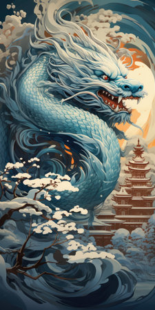 An illustration of a huge dragon in an old Asian city. High quality photo. Generative AIの素材