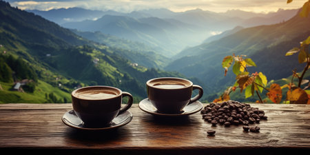 Two cups of aromatic coffee, backdrop of the mountains, a magnificent view, Generative AIの素材