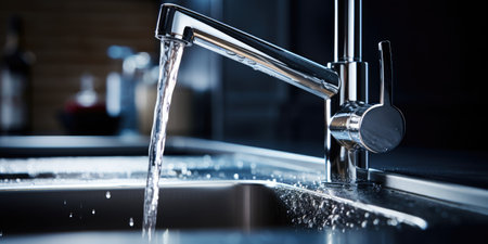 water flows from the tap, problem of economical use of water. High quality photo. Generative AIの素材