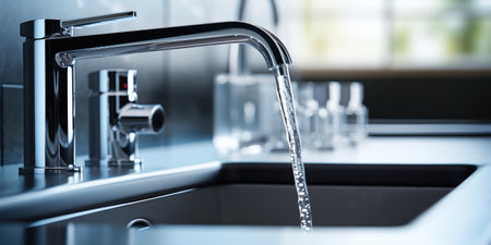 stainless steel faucet with runing water in the kitchen, problem of use of water. Generative AIの素材