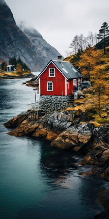 lake houses, scandinavian style. Minimalism.Image for a poster or postcard. Generative AIの素材