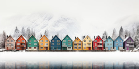 Yellow and red houses by the lake, Scandinavian style. Image for poster. Generative AIの素材