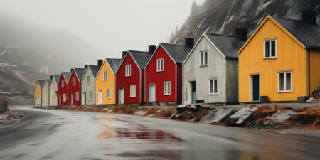 Yellow and red houses near the road, Scandinavian style. Image for poster. Generative AIの素材