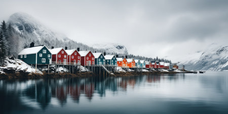 lake houses, scandinavian style. Minimalism.Image for a poster or postcard. Generative AIの素材
